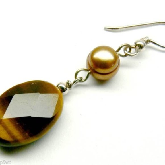 Tigers Eye & Brown Pearl Sterling Silver Earrings - Picture 3 of 3